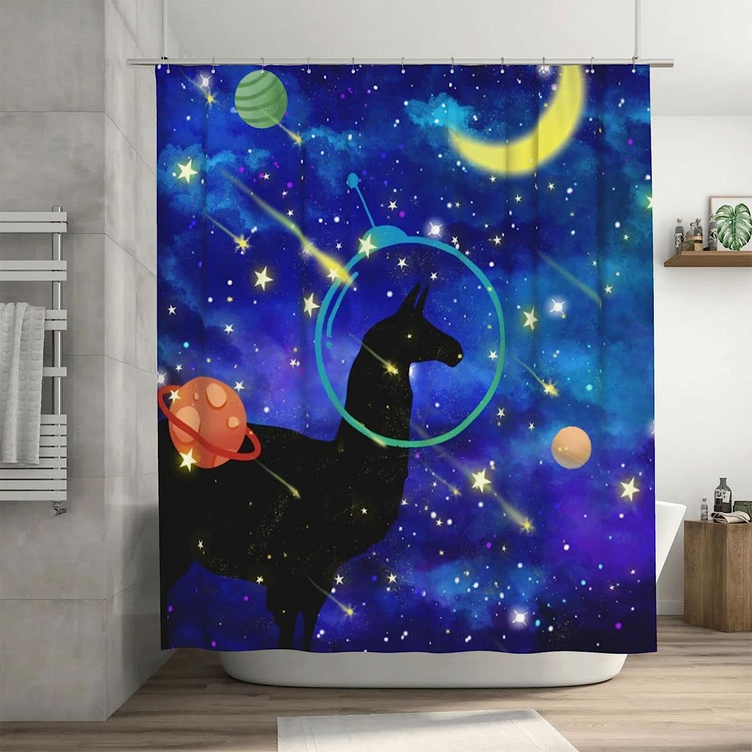 Llama Alpaca Funny Animal Planet Moon Shower Curtain for a Cute Bathroom