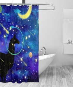 Llama Alpaca Funny Animal Planet Moon Shower Curtain for a Cute Bathroom