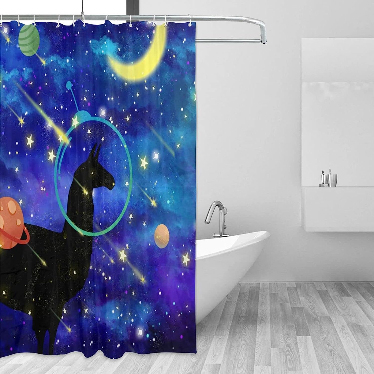 Llama Alpaca Funny Animal Planet Moon Shower Curtain for a Cute Bathroom