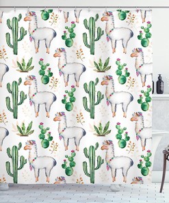 Llama Animal Modern Colored Image Print Hot South Desert Plant Cacti Pattern Shower Curtain