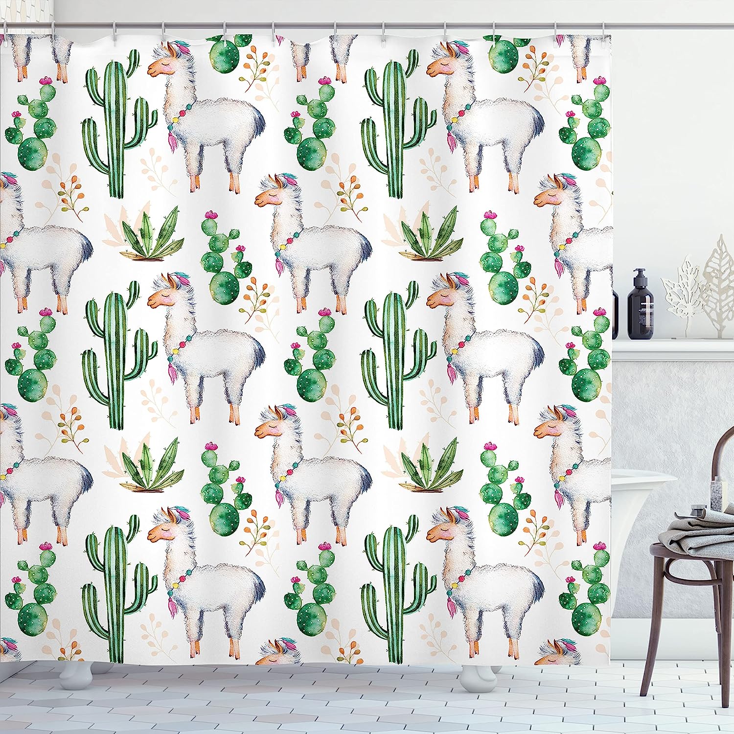 Llama Animal Modern Colored Image Print Hot South Desert Plant Cacti Pattern Shower Curtain