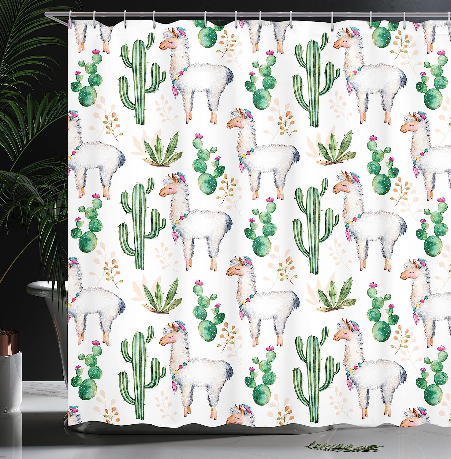 Llama Animal Modern Colored Image Print Hot South Desert Plant Cacti Pattern Shower Curtain - Image 3