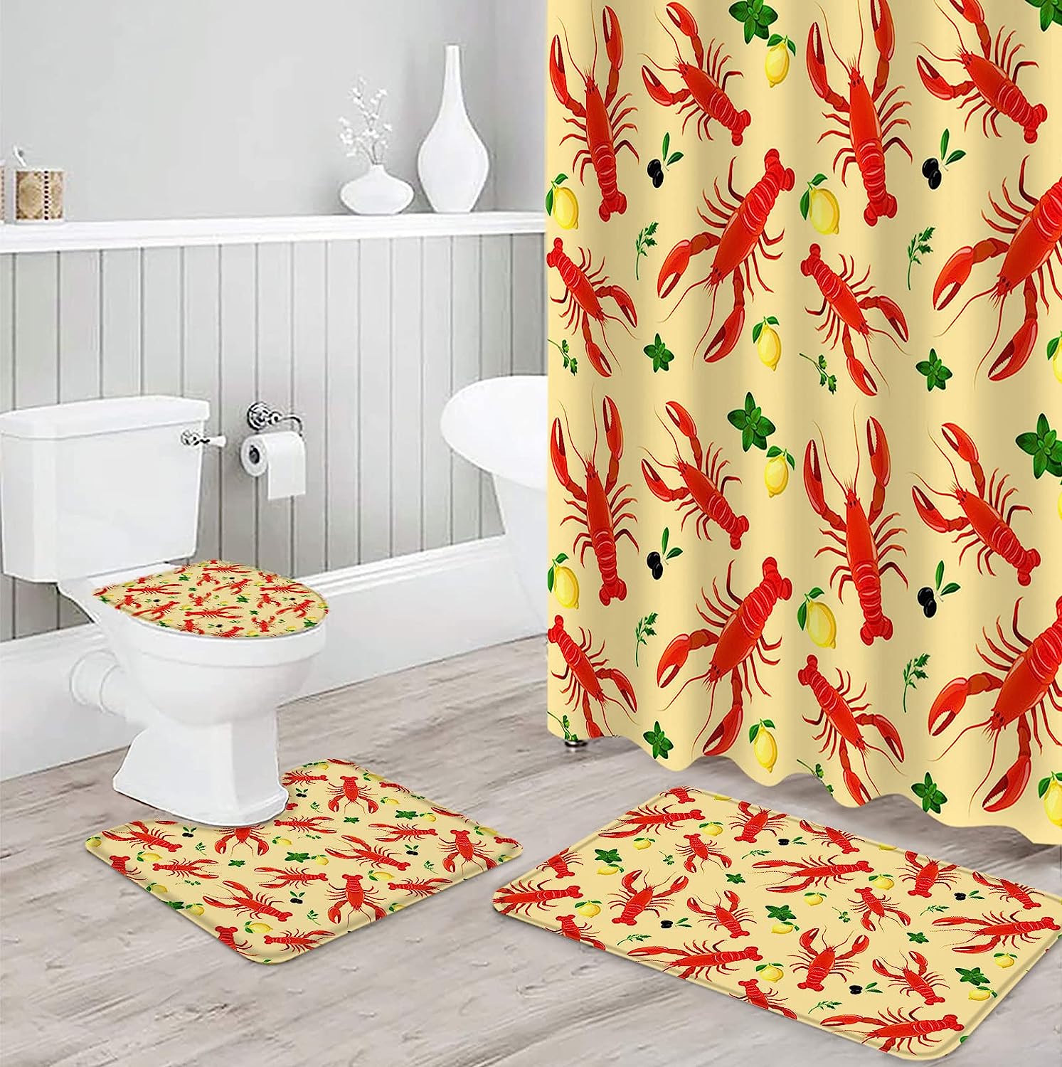 Lobster Lemons Yellow Background Restroom Shower Curtains