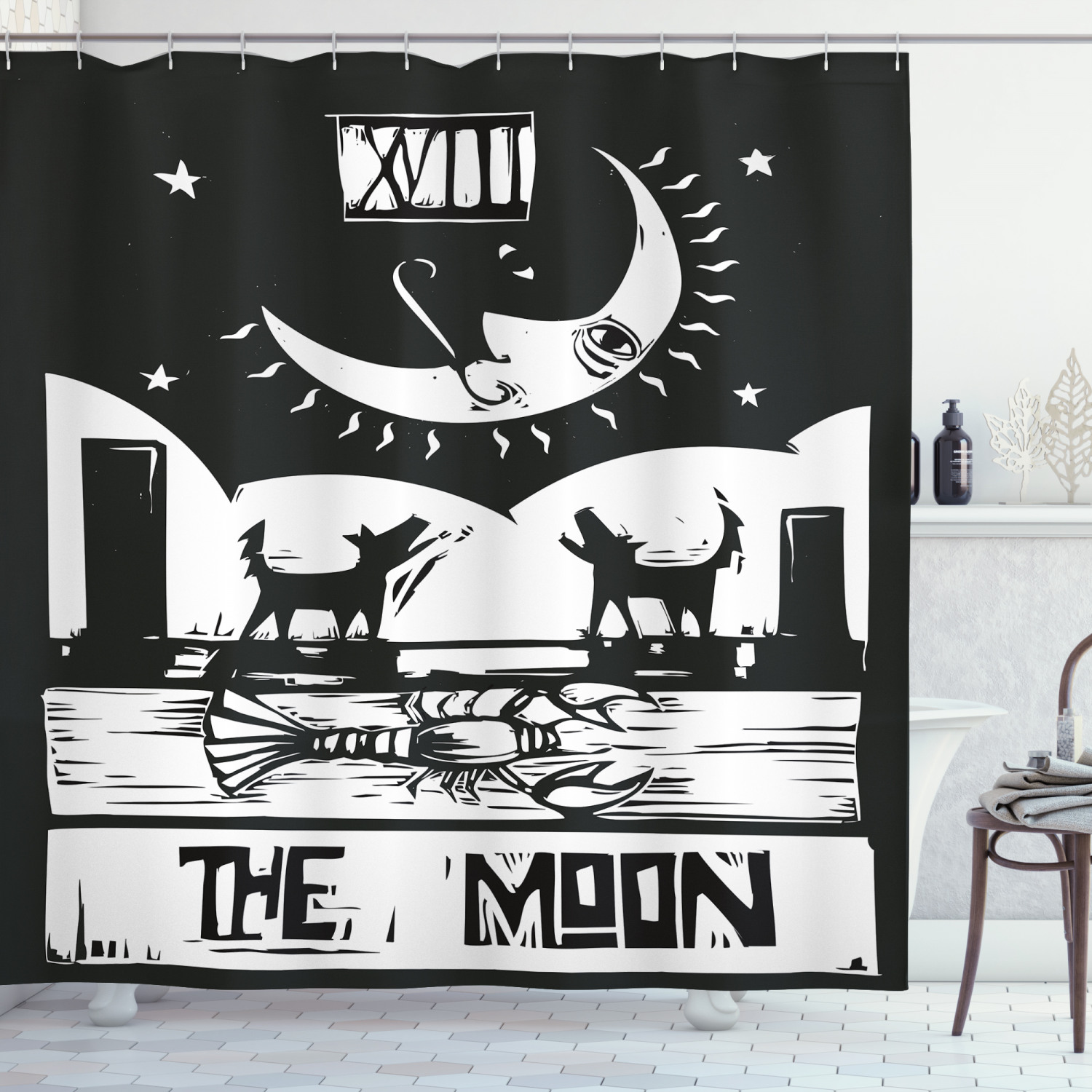 Lobster Wolves Tarot Moon Shower Curtain for Eccentric Bathroom Decor