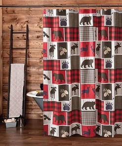 Lodge Life Black Bear Moose Shower Curtain - Rustic Wildlife Bathroom Curtain with Red Buffalo Check 