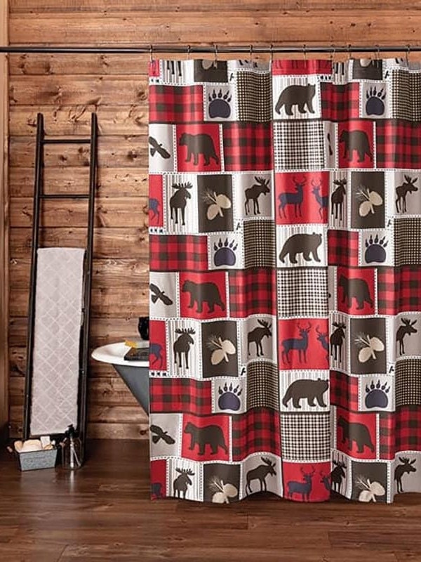 Lodge Life Black Bear Moose Shower Curtain - Rustic Wildlife Bathroom Curtain with Red Buffalo Check