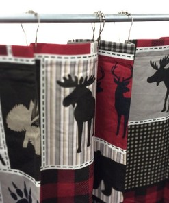 Lodge Life Black Bear Moose Shower Curtain - Rustic Wildlife Bathroom Curtain with Red Buffalo Check