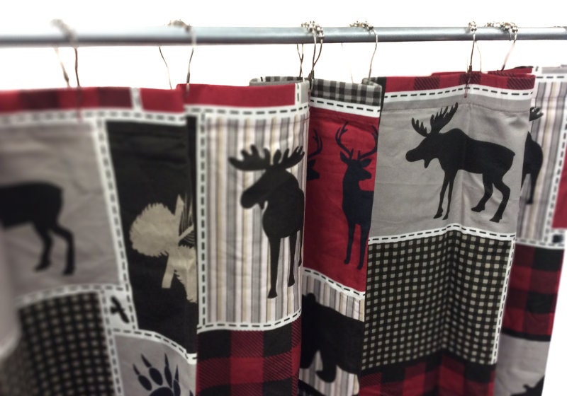 Lodge Life Black Bear Moose Shower Curtain - Rustic Wildlife Bathroom Curtain with Red Buffalo Check