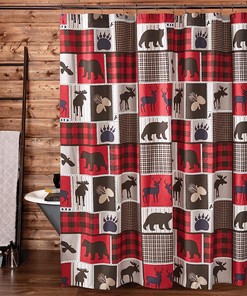 Lodge Life Shower Curtain with Black Bear Paw and Moose Cabin Red Buffalo Check Plaid Design for Cozy Bathroom