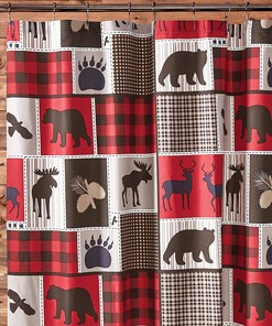 Lodge Life Shower Curtain with Black Bear Paw and Moose Cabin Red Buffalo Check Plaid Design for Cozy Bathroom