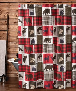 Lodge Life Wildlife Shower Curtain - Black Bear Moose Red Buffalo Check Wilderness Bathroom Decor