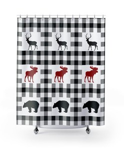 Lodge Style Shower Curtain With Deer, Moose And Bear Print