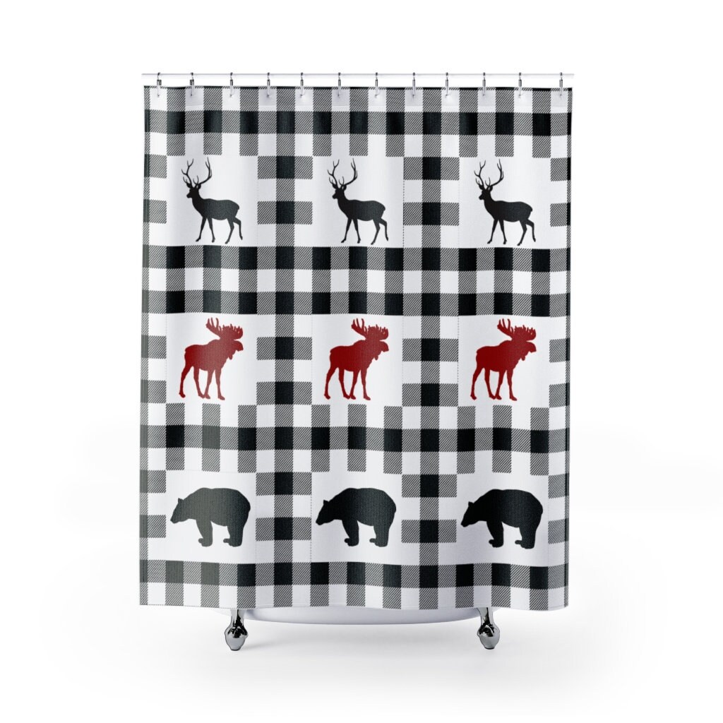 Lodge Style Shower Curtain With Deer, Moose And Bear Print