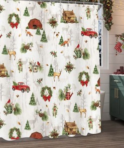 Lodge Toile Winter Forest Animal Shower Curtain 