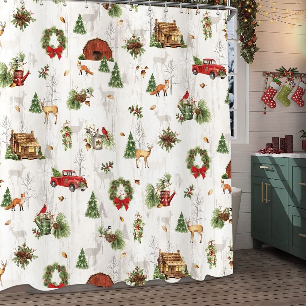 Lodge Toile Winter Forest Animal Shower Curtain