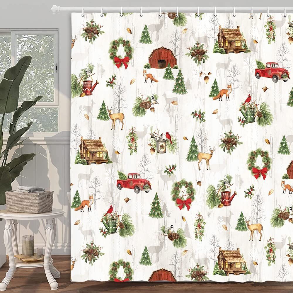 Lodge Toile Winter Forest Animal Shower Curtain