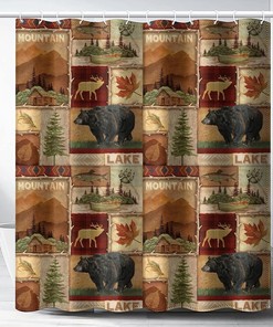Lodge Woodland Shower Curtain Rustic Farmhouse Bear Moose Bathroom Decor