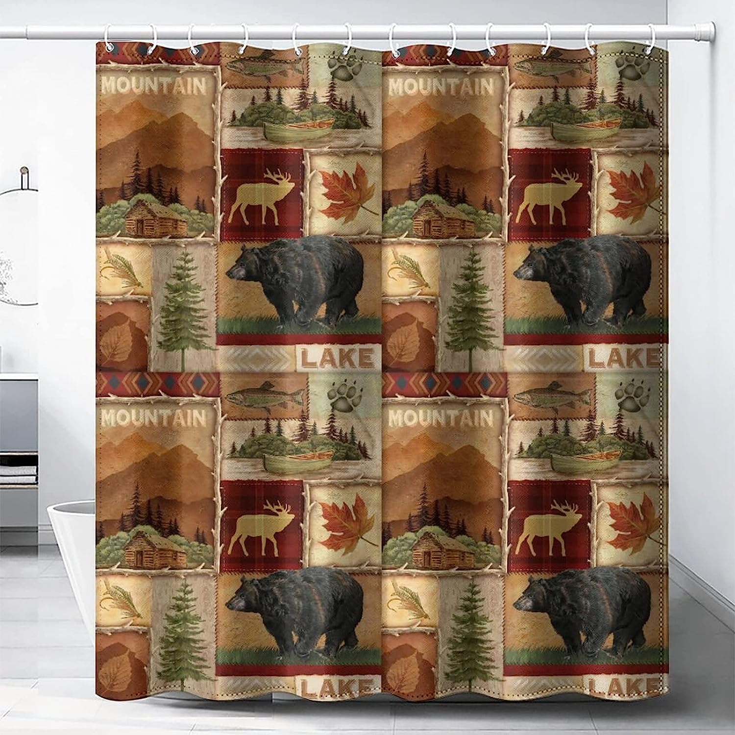 Lodge Woodland Shower Curtain Rustic Farmhouse Bear Moose Bathroom Decor