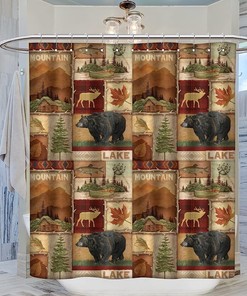 Lodge Woodland Shower Curtain Rustic Farmhouse Bear Moose Bathroom Decor