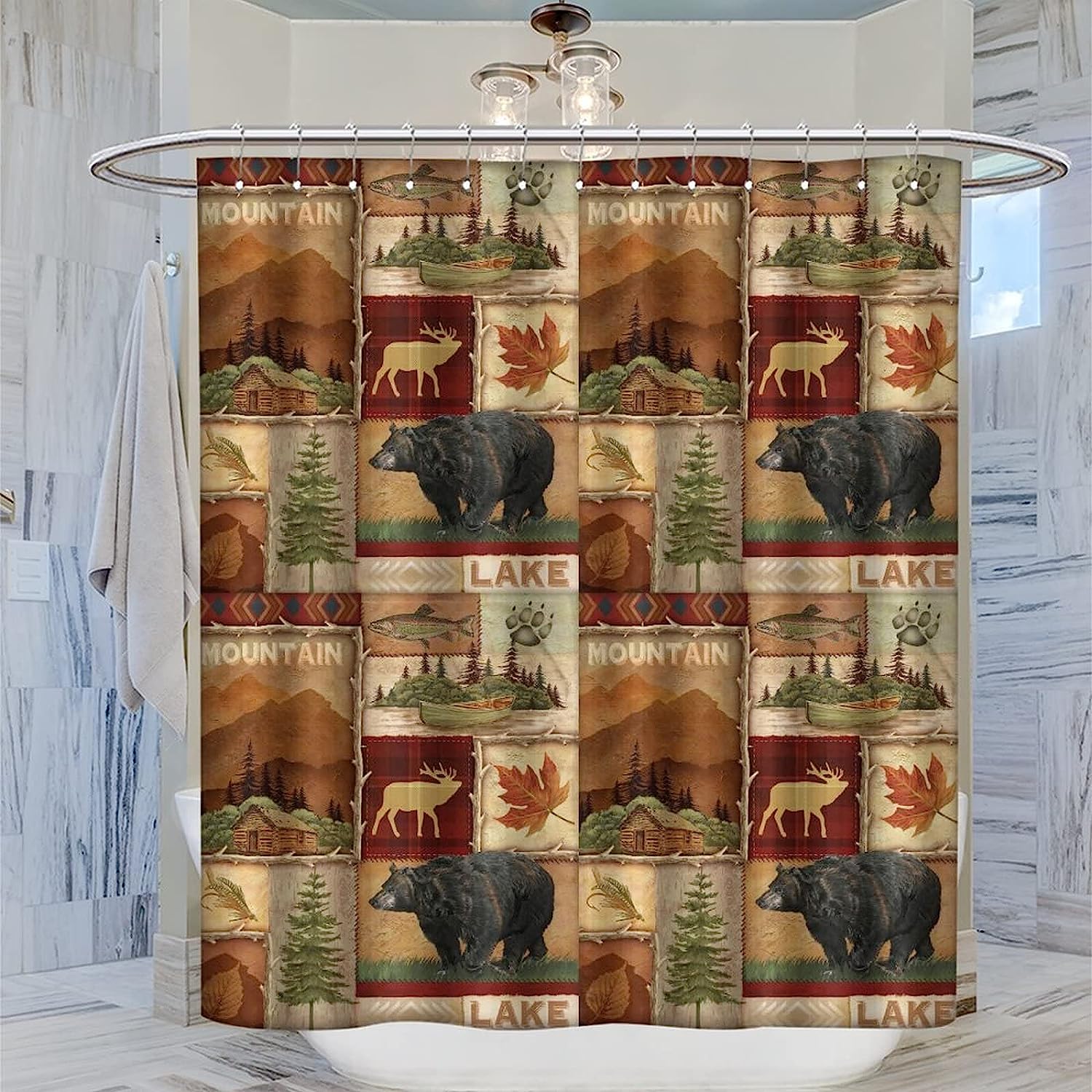 Lodge Woodland Shower Curtain Rustic Farmhouse Bear Moose Bathroom Decor