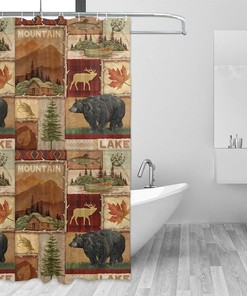 Lodge Woodland Shower Curtain Rustic Farmhouse Bear Moose Bathroom Decor