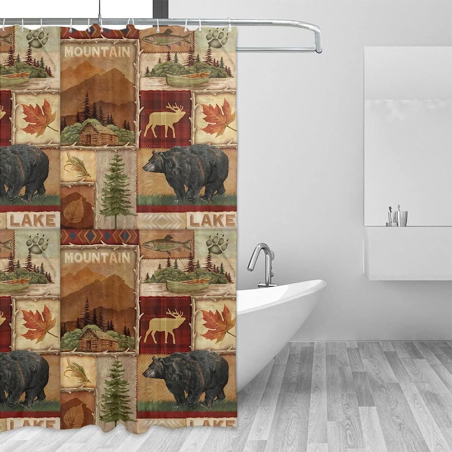 Lodge Woodland Shower Curtain Rustic Farmhouse Bear Moose Bathroom Decor