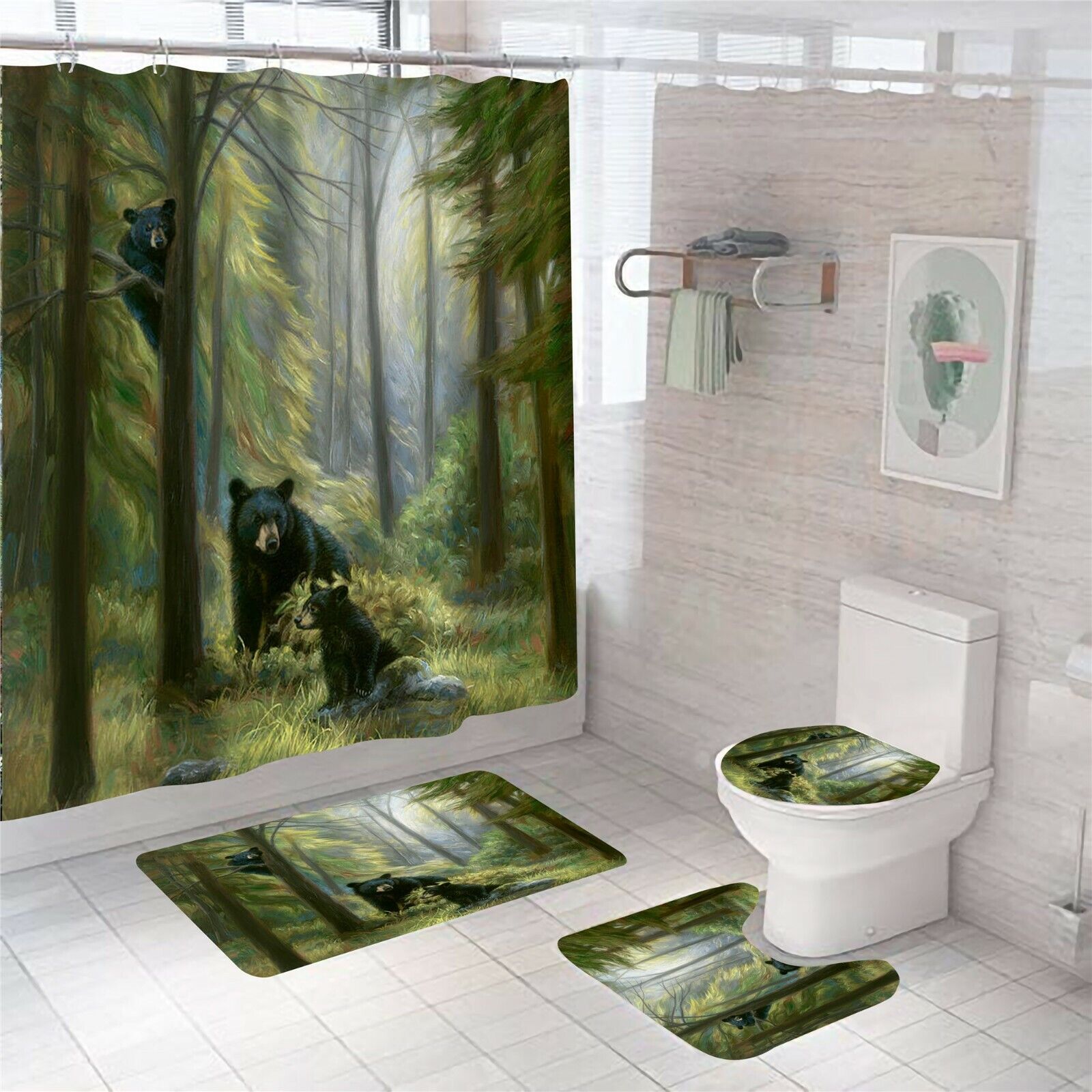 Lodge-Style Rustic Shower Curtain With Bear Print, Perfect For Cabin Or Nature-Themed Bathrooms