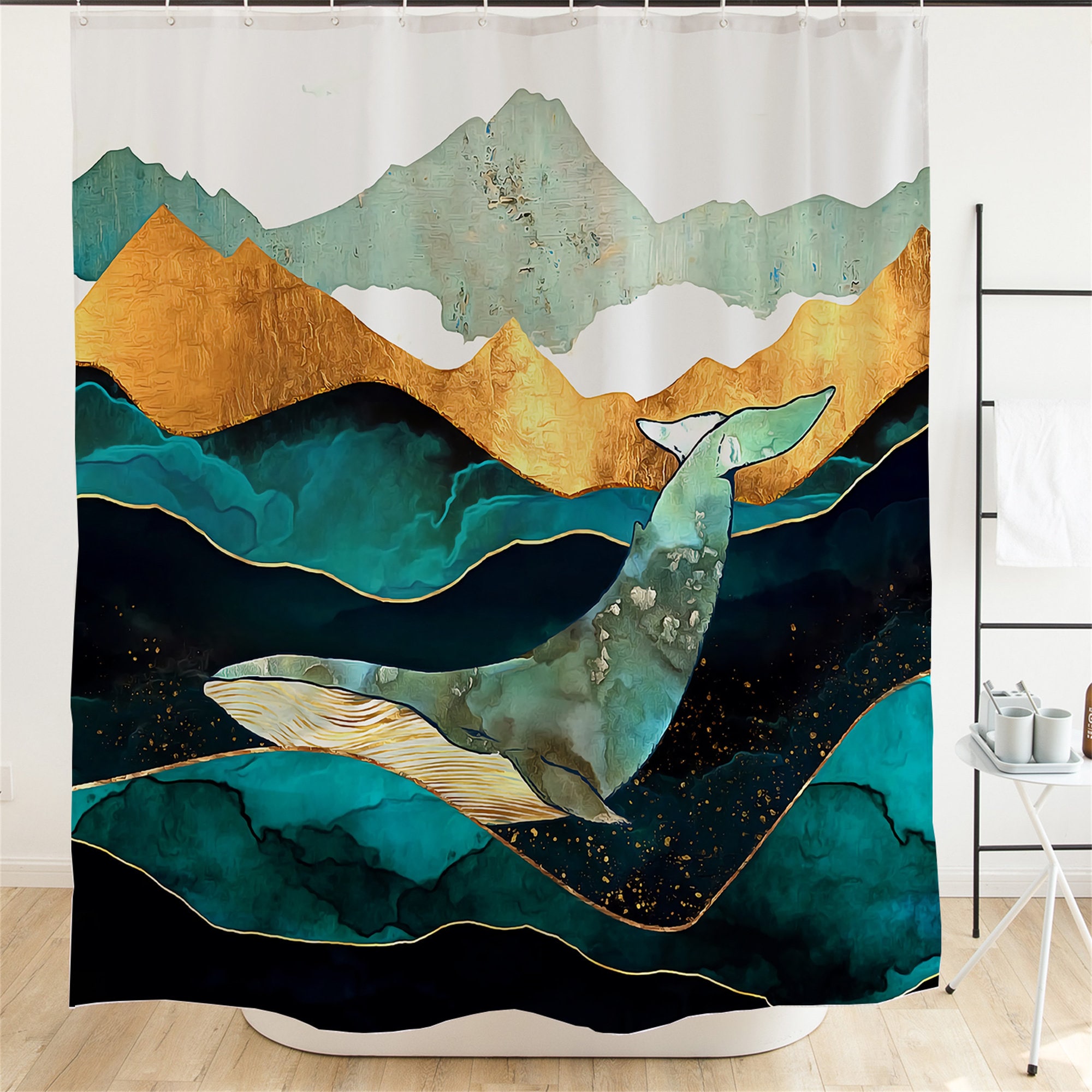 Lonely Whale Shower Curtain Modern Art Bathroom Decor Waterproof Fabric