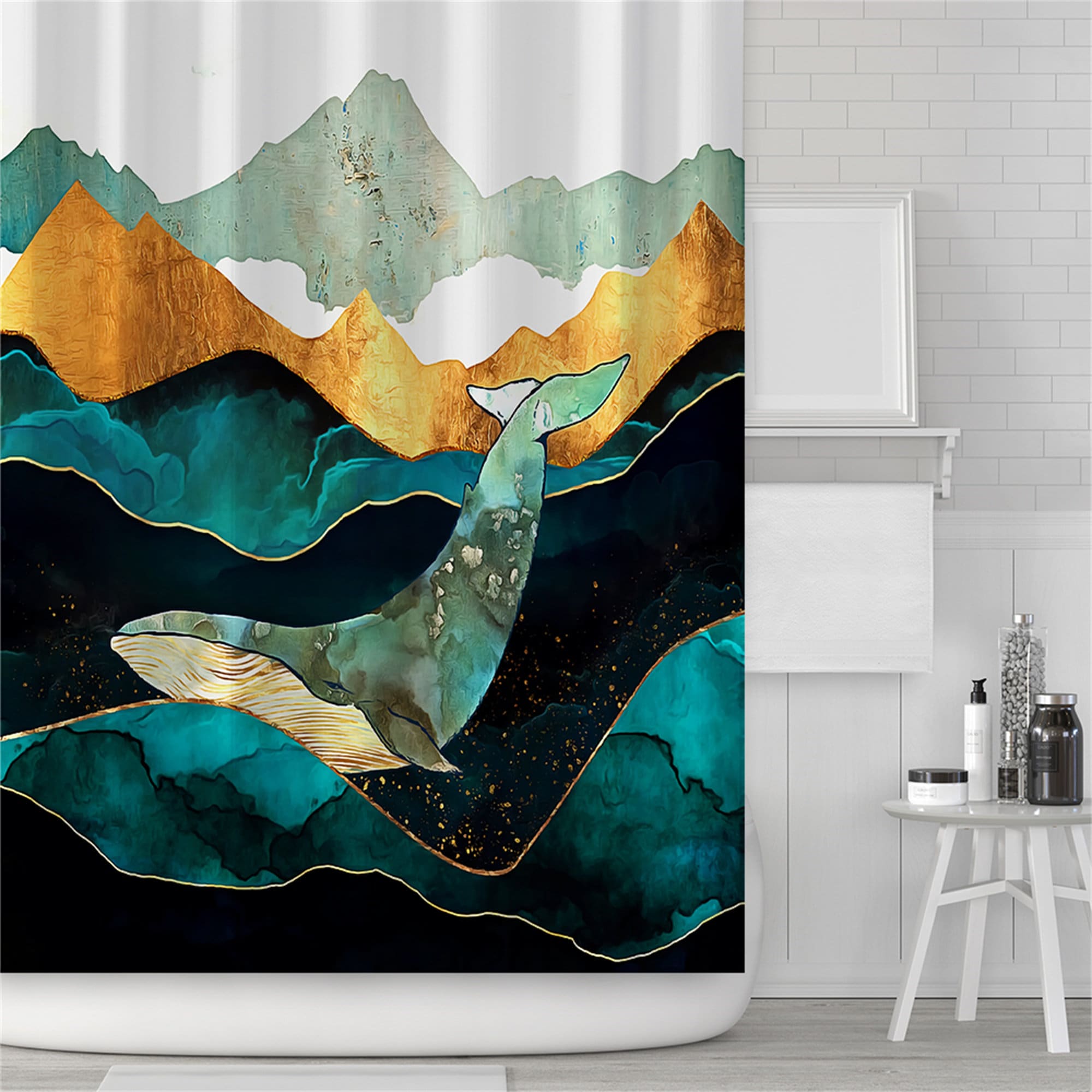 Lonely Whale Shower Curtain Modern Art Bathroom Decor Waterproof Fabric