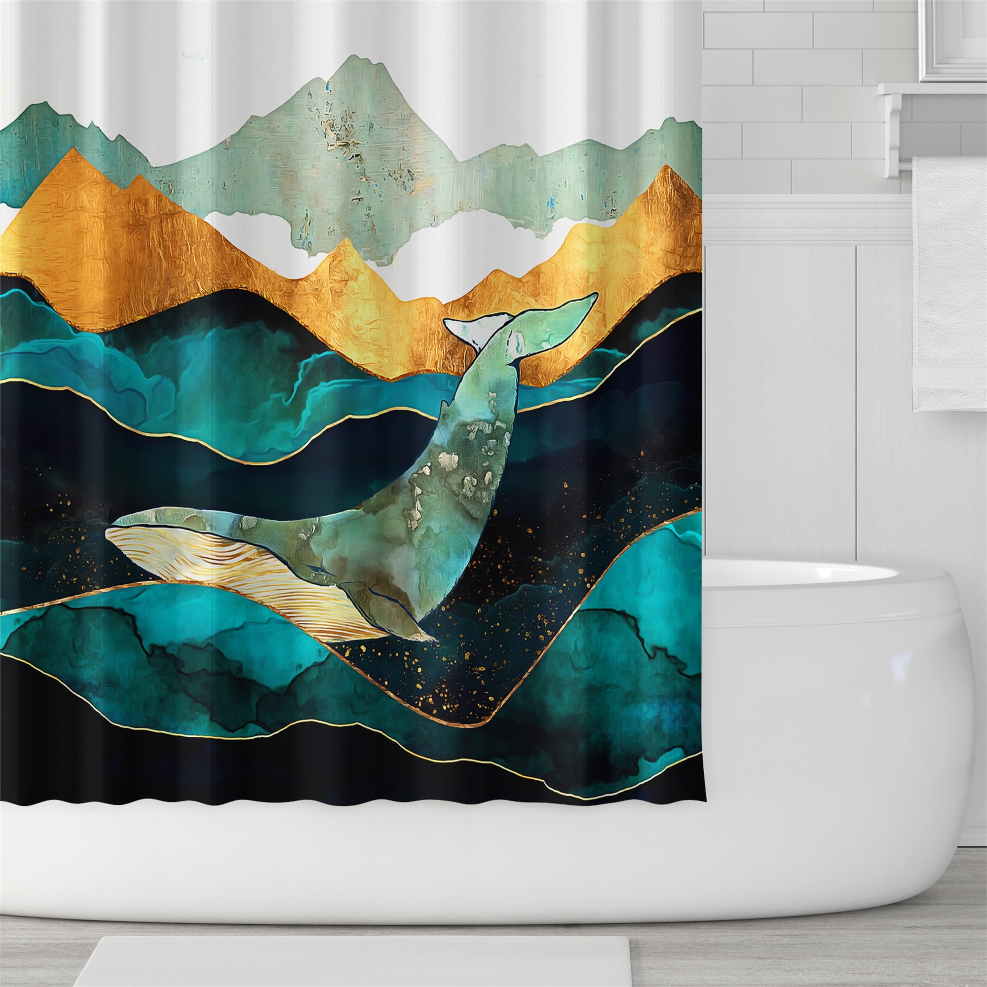 Lonely Whale Shower Curtain Modern Art Bathroom Decor Waterproof Fabric