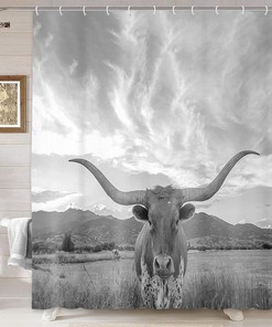 Longhorn Cow Fabric Shower Curtain with Waterproof Animal Design for Grey Bathroom Decor