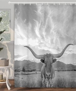 Longhorn Cow Fabric Shower Curtain with Waterproof Animal Design for Grey Bathroom Decor