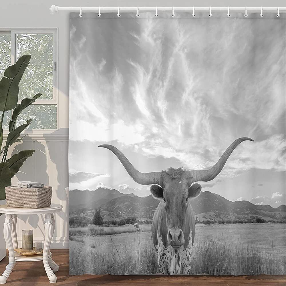 Longhorn Cow Fabric Shower Curtain with Waterproof Animal Design for Grey Bathroom Decor