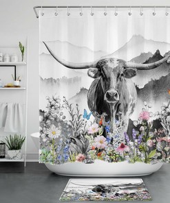 Longhorn Cow Shower Curtain with Western Farmhouse Butterfly Flower Bathroom Decor