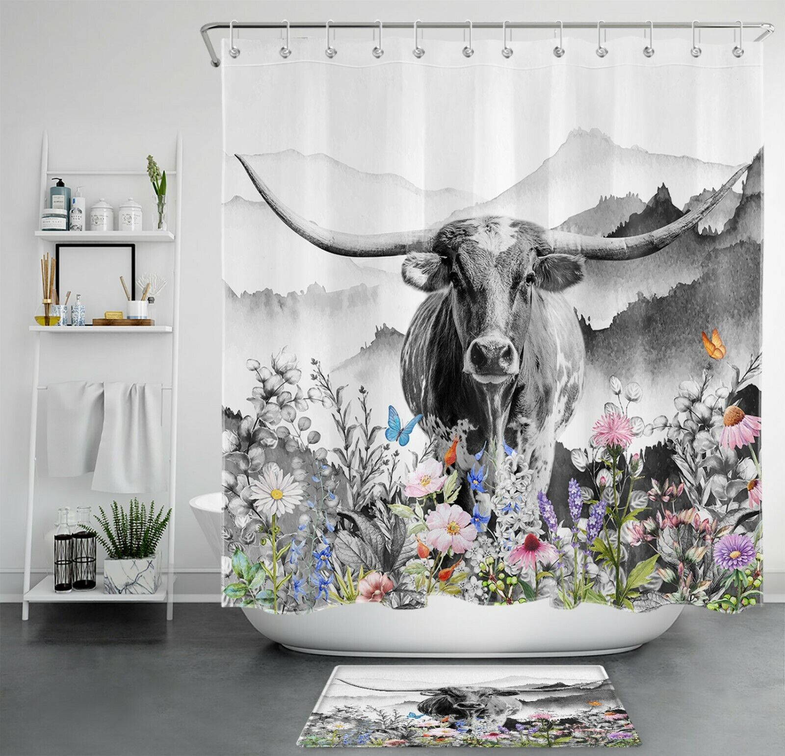 Longhorn Cow Shower Curtain with Western Farmhouse Butterfly Flower Bathroom Decor