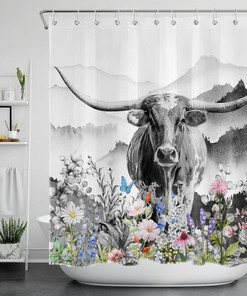 Longhorn Cow Shower Curtain with Western Farmhouse Butterfly Flower Bathroom Decor
