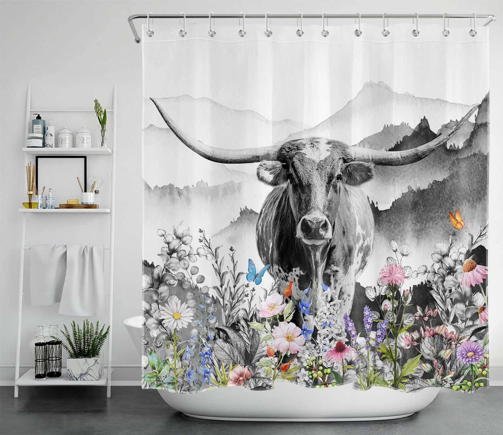 Longhorn Cow Shower Curtain with Western Farmhouse Butterfly Flower Bathroom Decor