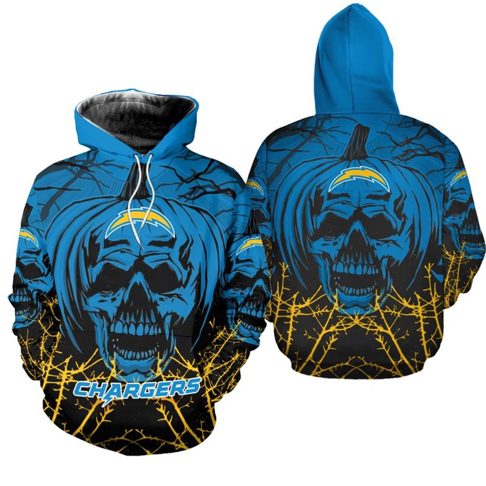 Los Angeles Chargers Halloween Pumpkin Skull Print All Over Print Zip Hoodie - 3D Printed Hoodies