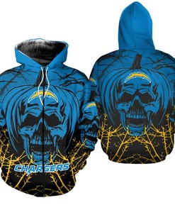 Los Angeles Chargers Halloween Pumpkin Skull Print All Over Print Zip Hoodie - 3D Printed Hoodies