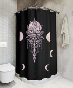 Lotus And Moon Phase Boho Shower Curtain For Celestial Bathroom Decor