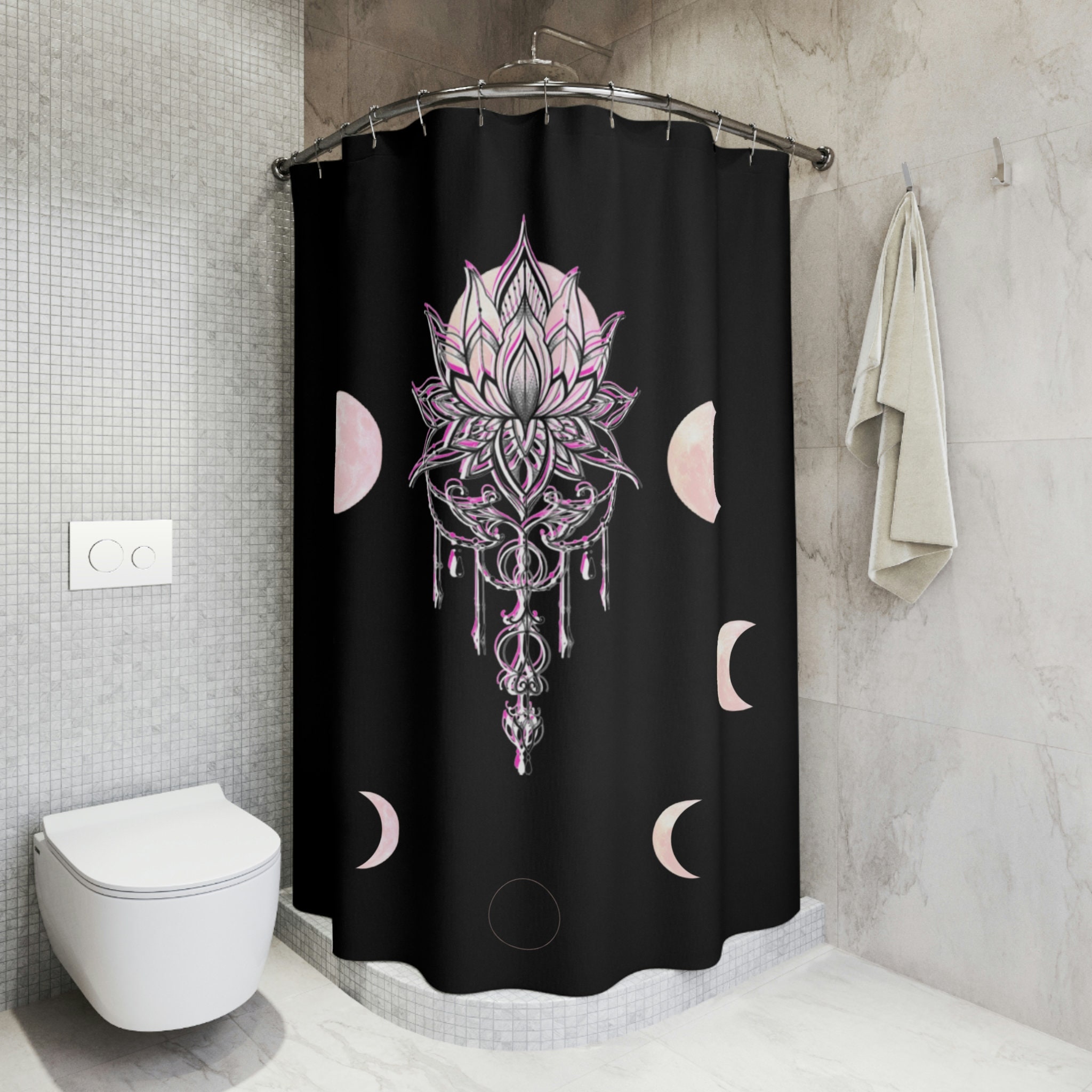 Lotus And Moon Phase Boho Shower Curtain For Celestial Bathroom Decor