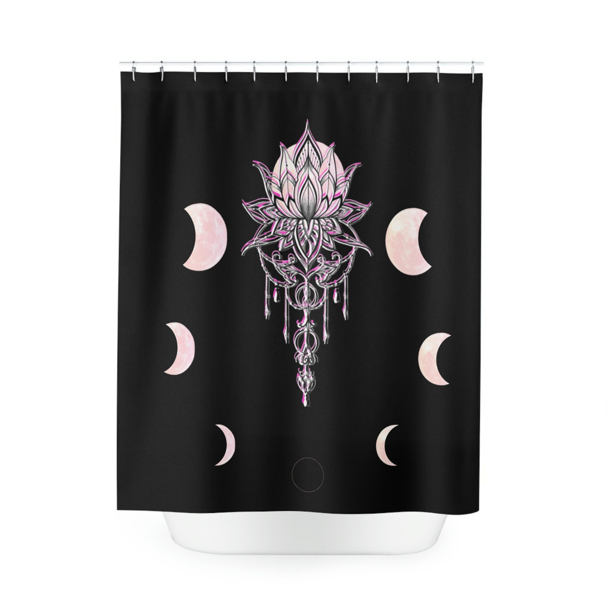 Lotus And Moon Phase Boho Shower Curtain For Celestial Bathroom Decor - Image 2