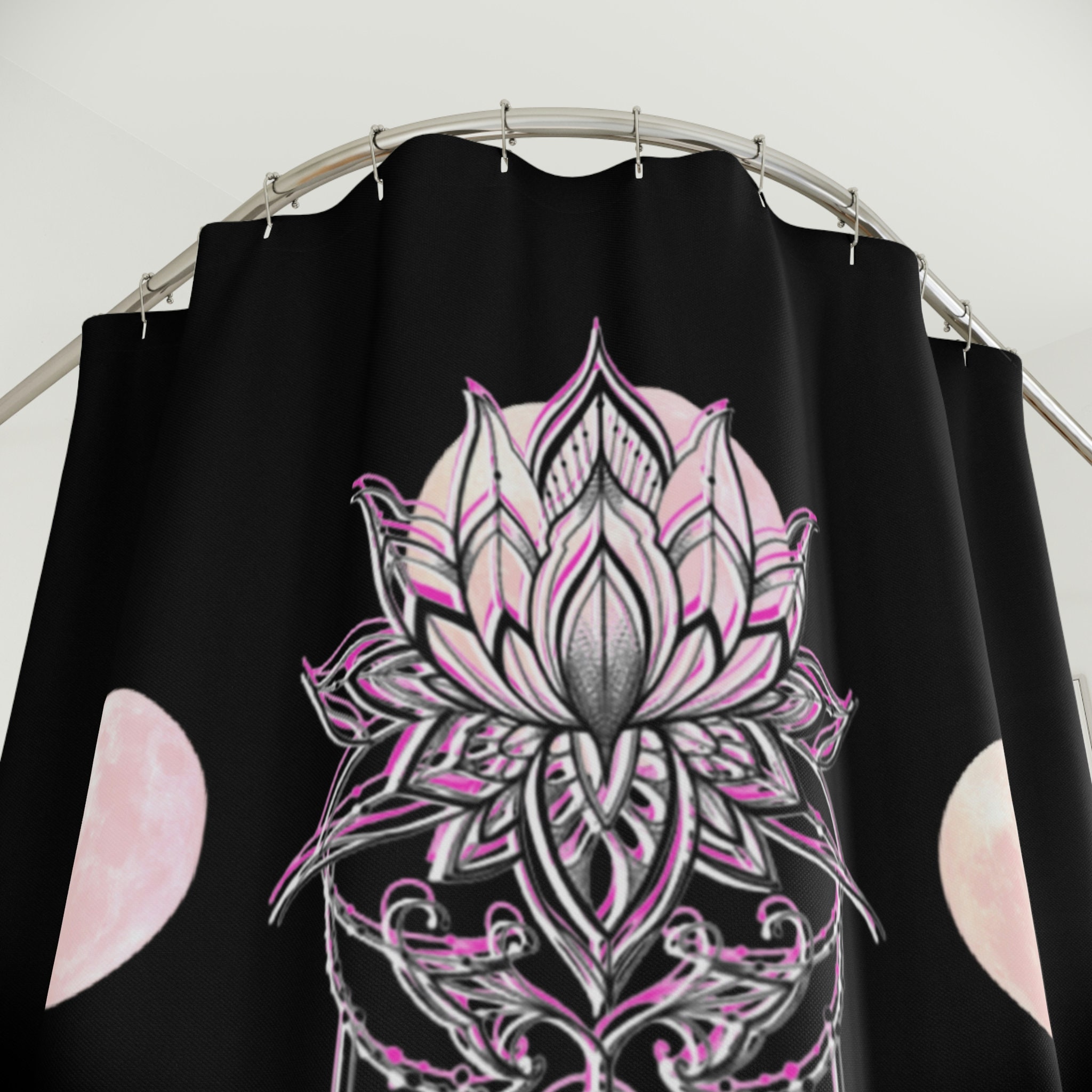 Lotus And Moon Phase Boho Shower Curtain For Celestial Bathroom Decor - Image 3