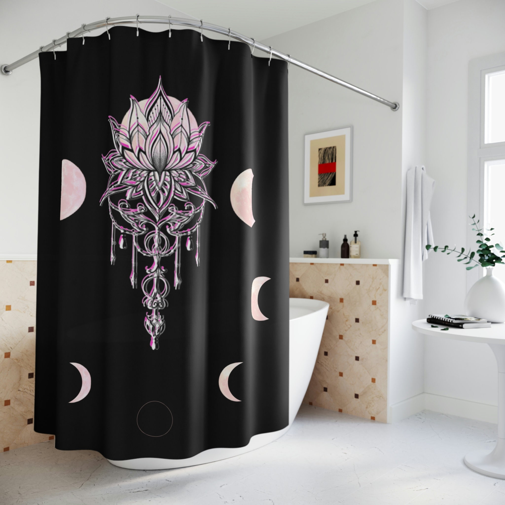 Lotus And Moon Phase Boho Shower Curtain For Celestial Bathroom Decor - Image 4