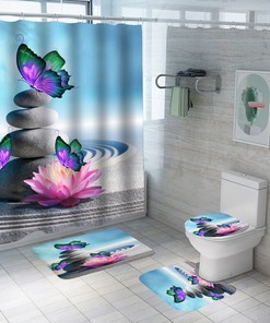 Lotus Butterfly Zen Waterproof Shower Curtain Bathtub with Nature Theme Design and Waterproof Fabric 