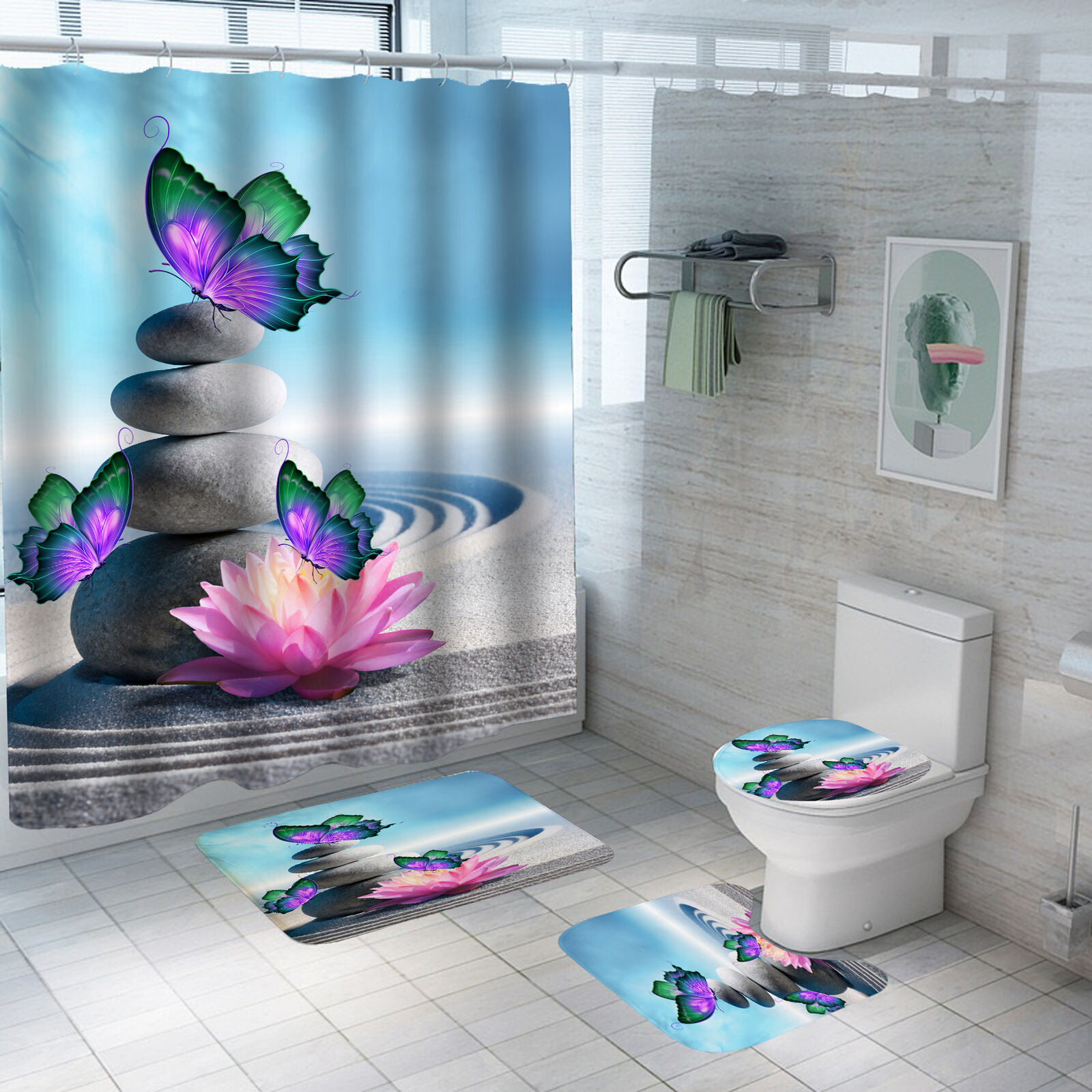Lotus Butterfly Zen Waterproof Shower Curtain Bathtub with Nature Theme Design and Waterproof Fabric
