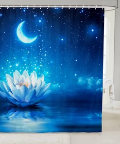 Lotus Floral Starry Galaxy Moon Shower Curtain for Fantasy Bathroom Decor