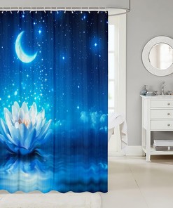 Lotus Floral Starry Galaxy Moon Shower Curtain for Fantasy Bathroom Decor
