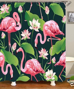 Lotus Flower And Green Leaf Flamingo Shower Curtain For Waterproof Bathroom Decor