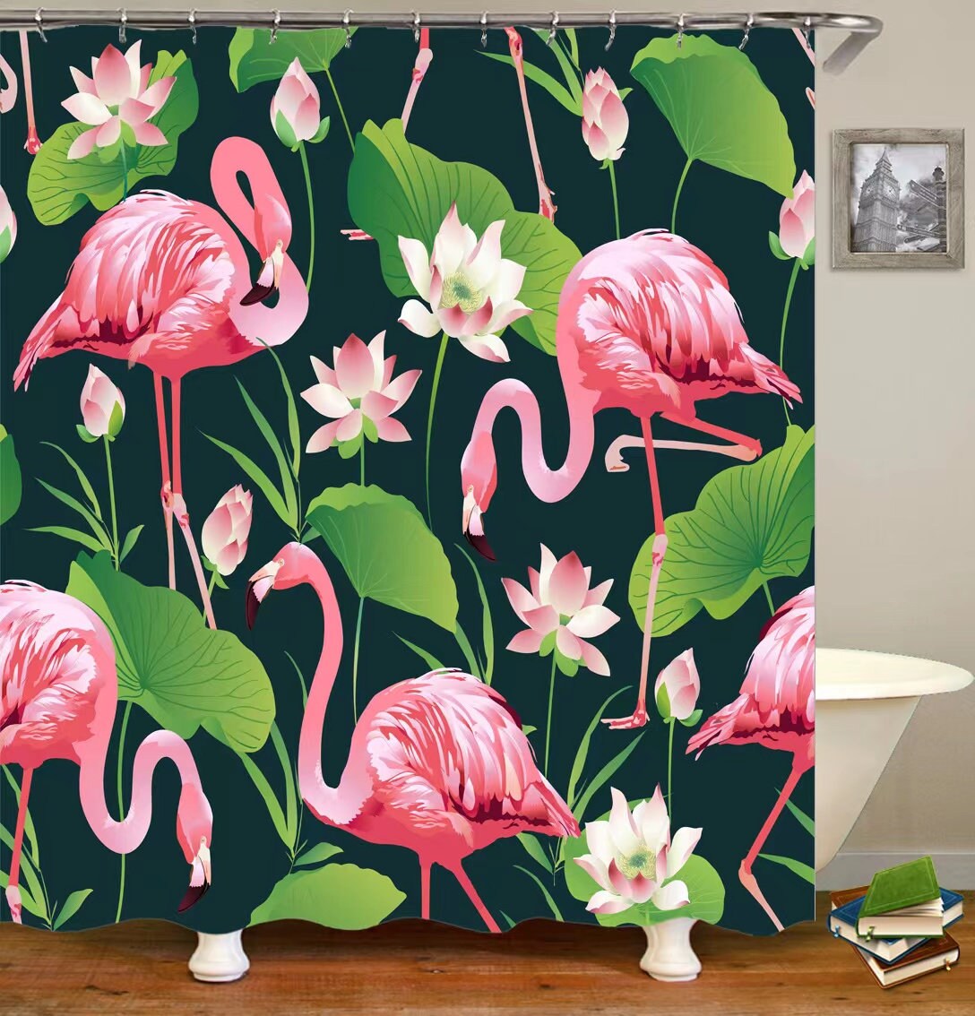 Lotus Flower And Green Leaf Flamingo Shower Curtain For Waterproof Bathroom Decor